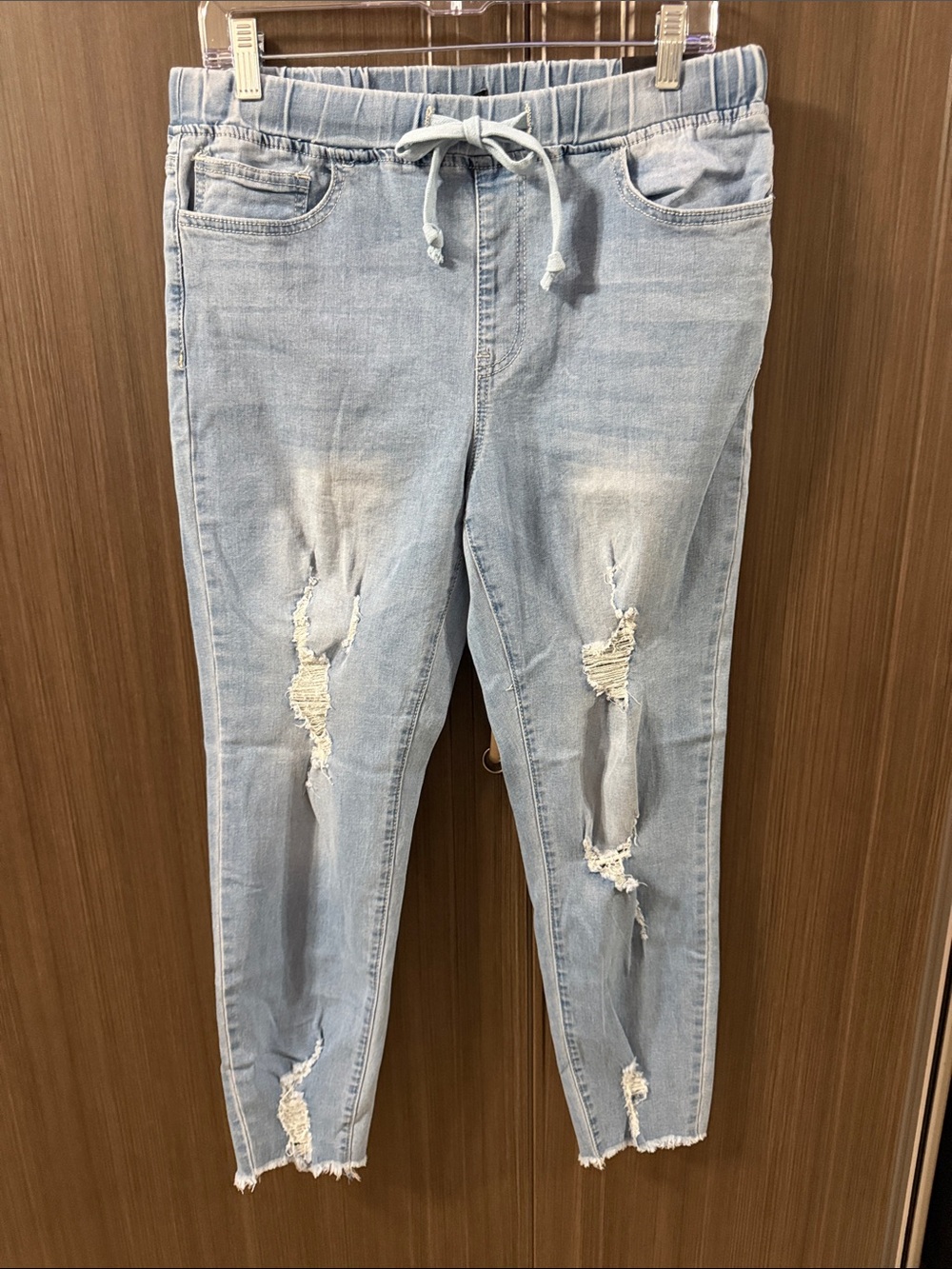 Fashion Nova Light Wash Distressed Drawstring Skinny Jeans